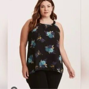 Torrid Floral High Neck Tank Top Size 2 (2X) Black Georgette Plus Size Blouse